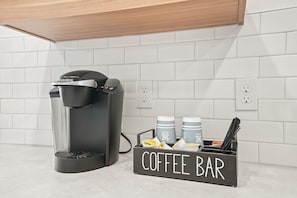Coffee Bar with Keurig, pods, and tea