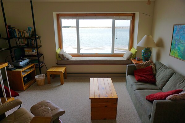 Living room with bay window seating.