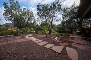 backyard bordering national forest with a small brook