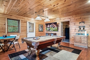 Game Room with Pool Table, 75-inch TV, Card Table 