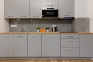 Fully equipped kitchenette with a fridge, microwave, induction hob, dishwasher and kettle.