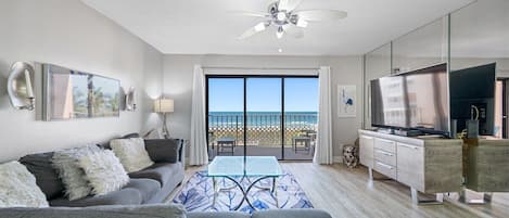 Stylish living area with Gulf of Mexico backdrop