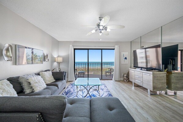 Stylish living area with Gulf of Mexico backdrop