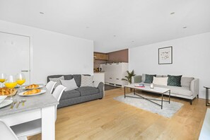 The open-plan living, kitchen and dining area