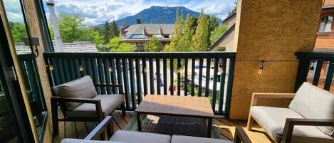 The patio features a four person patio set with views of Whistler Village and the mountains!