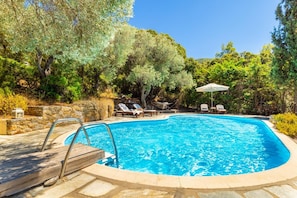 Private pool, terrace, and garden with sea views