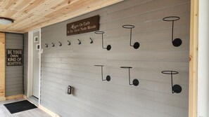 Insulated & heated porch with helmet racks. Boot warmers & boot trays in winter