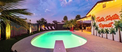 Pool with varying depth from 2 feet to 8 feet to allow people of all ages to cool off!