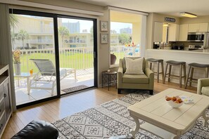 Open Floor Plan for Living Room, Dining Room & Kitchen Overlooking Greenway with Views of the Gulf