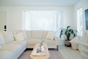 living room with sleek coffee table