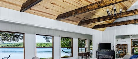 Get cozy under the stained wood beams and enjoy view of Intermediate Lake.