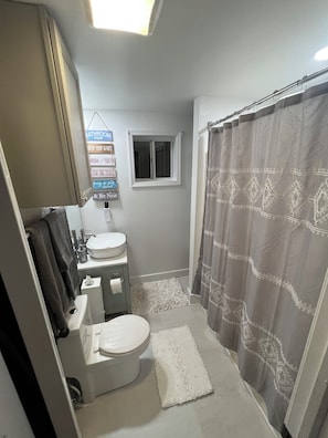 Completely renovated full bath with hair dryer, towels, shampoos and body wash 