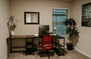 Stay at the best Airbnb in Lake Charles! This modern home features a private office with a laptop-ready setup and high-speed wireless internet for all devices, perfect for work or leisure.