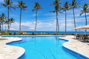 The pavilion's heated pool for your enjoyment, lots of seats and lounge chairs.