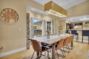 Our dining table in the Ranch House, with more seating in the kitchen.