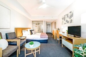 Two chairs offers space to cosy up with your favourite book or a spot of TV in air-conditioned comfort.