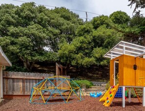 Your private backyard playground with trampoline, swings slide, climbing dome, and more.