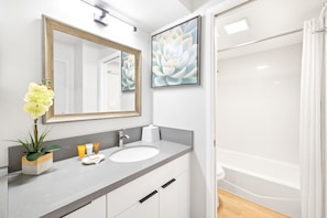 This unit has a full bathroom with tub and shower combination!