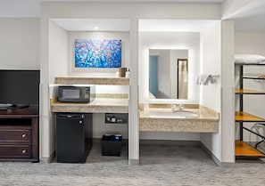 Amenities inside the room; safe, mini-fridge and microwave