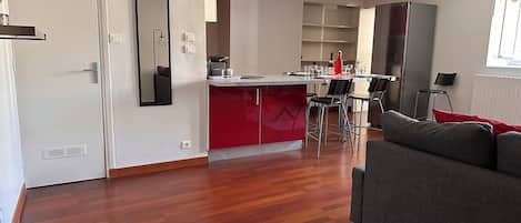 PiÚce principale avec cuisine ouverte et canapé convertible.