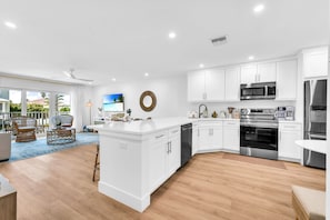 A beautifully designed spacious and modern kitchen with white shaker cabinets, marbled quartz countertops, stainless steel appliances, ice maker and fully equipped with everything you need to serve 6 - 8 guests.