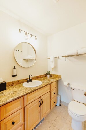 [Bathroom] There is plenty  of counter space in our bathroom. Our closet also features a full-length mirror for getting ready.