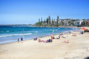 The patrolled beach at Alexandra Headlands is just down the street