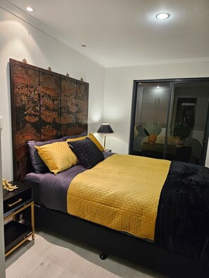 main bedroom with block out blinds