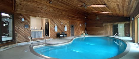 Large indoor, heated pool. Walk in at 3 feet deep and gradually gets to 6 feet.