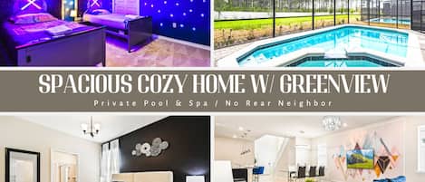 Relax in style at this spacious home! Enjoy the private pool & spa, Star Wars room, & game room. Perfect for chilling!