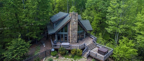 Ariel view of the private back deck and hot tub