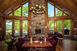 Living area with wood-burning fireplace