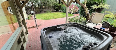 Nice view of private yard from hot tub gazebo.