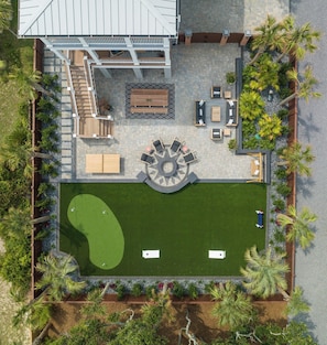 Private Backyard Oasis with Putting Green, Firepit, PingPong, Cornhole, and Outdoor Dining/Bar with TV