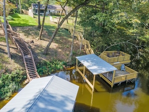 Aerial view of dock and boathouse (right)
