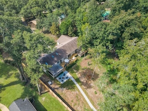 Aerial view of house from the lake