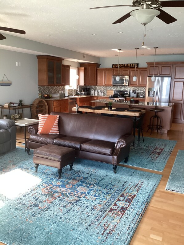 Spacious open concept kitchen and living room.