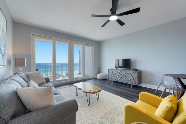 Welcome to Laketown Wharf!  This unit has 2 bedrooms, 2 full bathrooms and a bunk area in the hallway.  The living room is spacious with a sleeper sofa and an amazing gulf view. This unit sleeps 8 guests. 