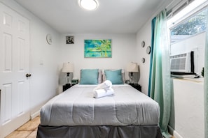 Bedroom- Comfortable bed available to get a good nights rest and a/c stay cool.