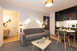 The pull-out sofa comfortably accommodates up to 2 people. 