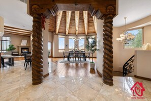 Upon entering the home  you'll be greeted by a warm ambiance