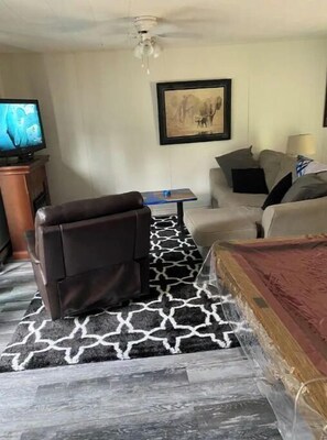 Recliner, sectional with sofa-bed, coffee table, electric fireplace and TV