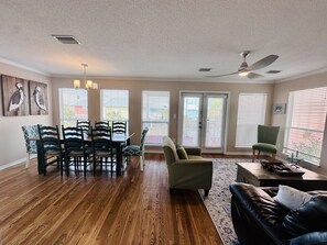 Second level living, kitchen and dining.