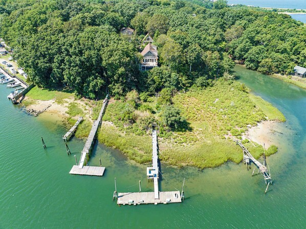 A breathtaking bird's-eye view of Nature's Paradise, complete with a stretching private dock