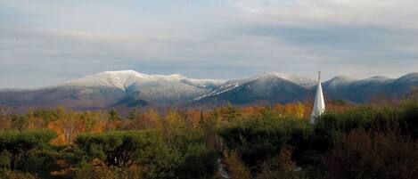 View from 2nd floor of Mt. Lafayette and Cannon, with St. Matthews spire.