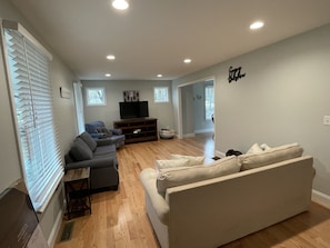 Spacious living room with queen pull-out couch