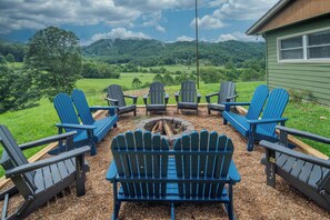 Valle View with Long Range Mountains. 
 Fire Pit with 12 Adirondack Chairs.