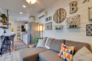 Living room view of Container #1 with queen size sofa bed.