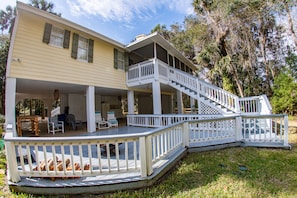 The large back deck has a fire pit for you. The view from the porch is great. 