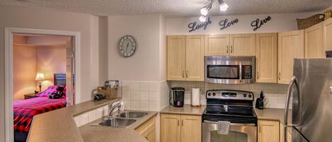 Fully stocked kitchen.